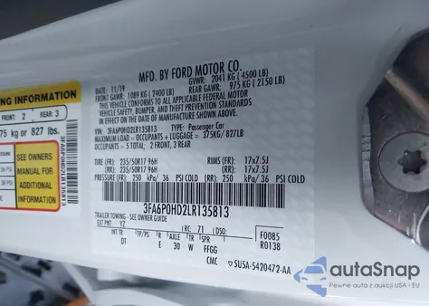 2020 Ford Fusion Se из США, поврежденный, VIN 3FA6P0HD2LR135813